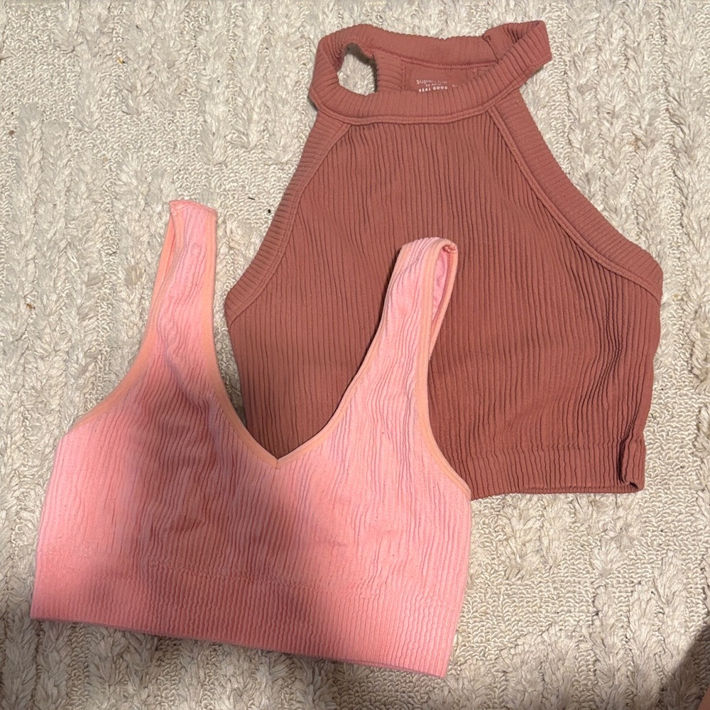 AERIE Women's Ribbed Halter and V-Neck Crop Tops - Pink and Brown